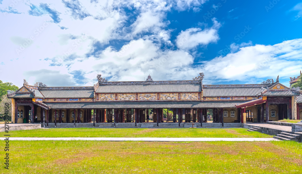 Long feudal house with wooden architecture, colorful roof tiles decoration where mandarins, meetings and recognized as a national cultural heritage in Hue, Vietnam Long feudal house with wooden architecture, colorful roof tiles decoration where mandarins, meetings and recognized as a national cultural heritage in Hue, Vietnam