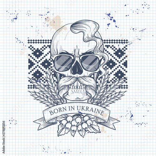 Notebook page sketch design, skull with Ukrainian embroidery pattern, mustaches, spikes of wheat, branch of viburnum, sunglasses
