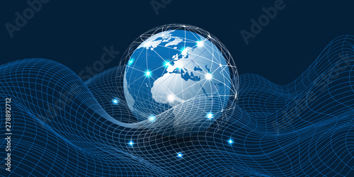Abstract Blue Minimal Style Cloud Computing, Networks Structure, Telecommunications Concept Design, Network Connections, Transparent Wavy Geometric Mesh - Vector Illustration