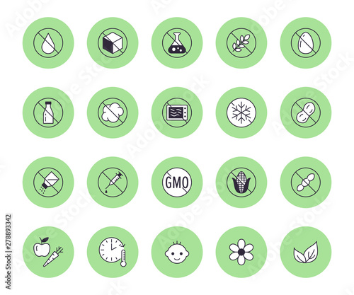 Natural food flat line icons set. Sugar, gluten free, no trans fats, salt, egg, nuts, vegan vector illustrations. Thin signs for packaging, expiration date