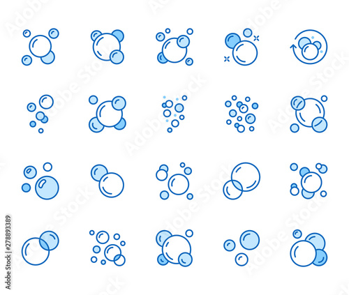 Bubbles flat line icons set. Soap foam, fizzy drink, oxygen bubble pictogram, effervescent effect vector illustrations, outline signs. Pixel perfect 64x64. Editable Strokes
