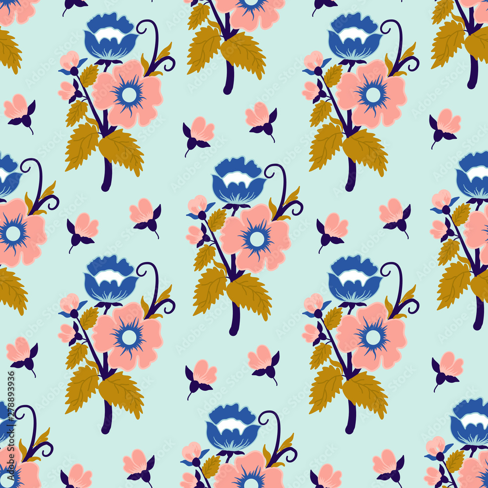 Blue, pink and gold vintage flowers, in a seamless pattern design