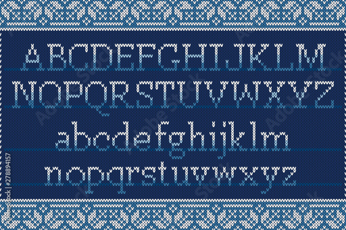 Christmas Knitted Font. Nordic Fair Isle Sweater Pattern Design. Knit Latin Alphabet on Seamless Background