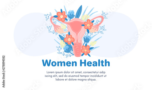 Web template with female reproductive system in flowers. Landing page. Woman health. Advertising for women's pads, lactobacillus, department of obstetrics and gynecology. Medical banner. Vector, eps10