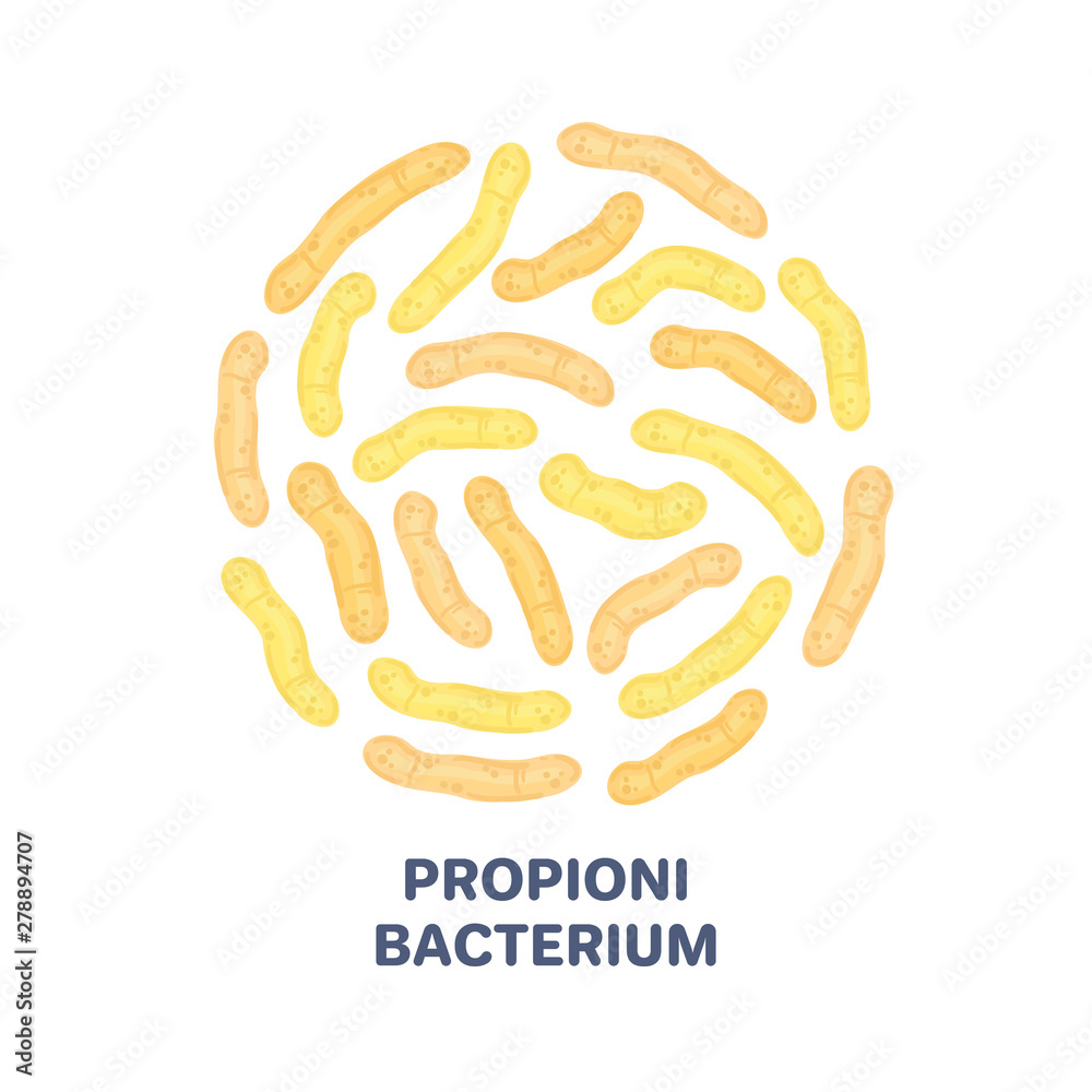 Fototapeta premium Vector probiotics in circular shape. Propionibacterium. Microbiome. Medicine or dietary supplement. Brochure, flyer, label, cover, poster, banner, package, advertising, presentation. Yellow colors