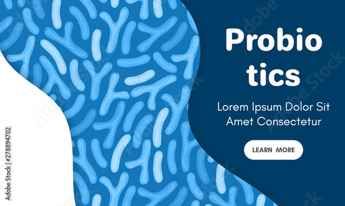 Vector background with probiotics. Bifidobacterium, lactobacillus. Lactic acid bacterium. Microbiome. Medicine or dietary supplement. Landing page, banner, mailing, advertising, label, presentation