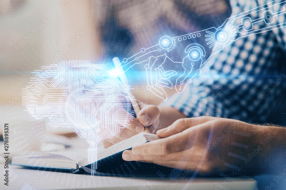 Fototapeta premium Man with multi exposure atificial intelligence brain icons.