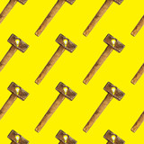  Creative bright seamless pattern of glass bulbs and hammer on yellow background