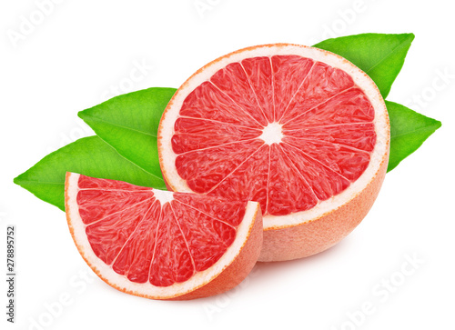 Half and slice of pink grapefruit with leaves isolated on white background.