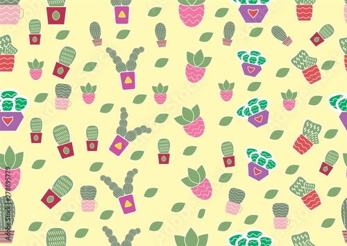 There are many cute cactus on the background. Each cactus is on many styles of pots.The pots are different colors and patterns Cactus card,desert plants,vector and illustration design.
