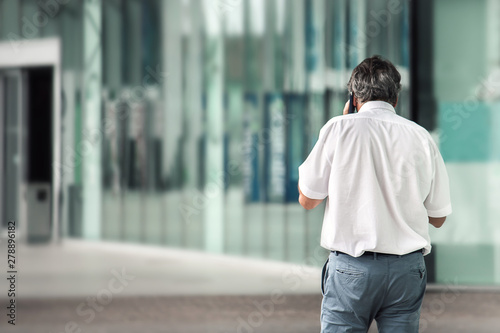 back view of elegant man talking on phone, defocused background for text