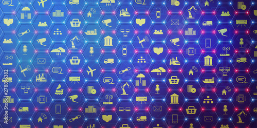 IoT (Internet of things ) or Industry 4.0 (industrial internet) banner. Concept and infographic. Connected devices and objects with business automation flow a blue background. landing page template
