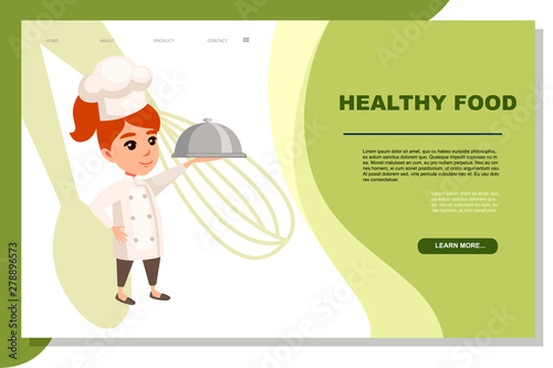 Girl kid wearing chef costume with restaurant cloche cartoon character design flat vector illustration on white background website page design
