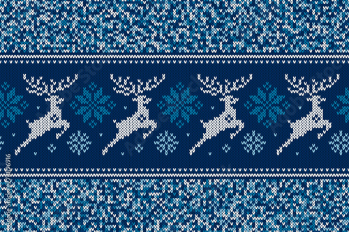 Winter Holiday Seamless Knitting Pattern with Christmas Reindeer and Snowflakes. Wool Knit Sweater Design