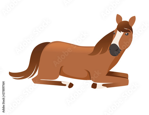 Brown horse wild or domestic lying on ground animal cartoon design flat vector illustration isolated on white background