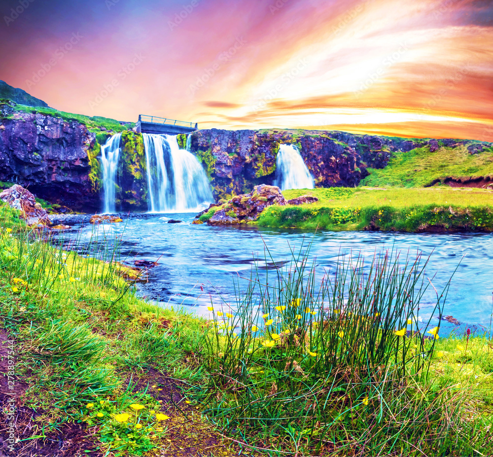 Beautiful natural magical scenery with a waterfall Kirkjufell and yellow flowersat dawn in Iceland. Exotic countries. Amazing places. Popular tourist atraction. (Meditation, antistress - concept).