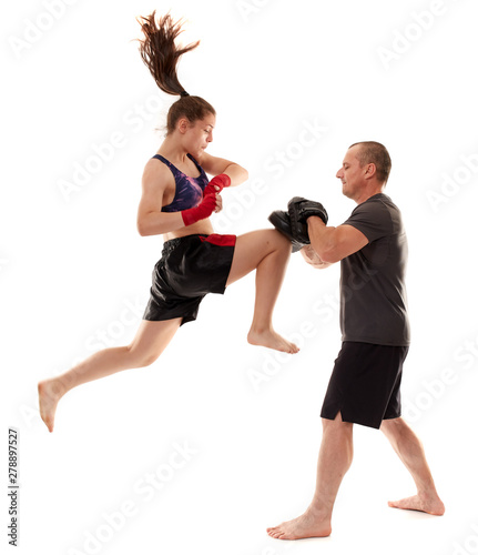 Kickboxer girl and her coach