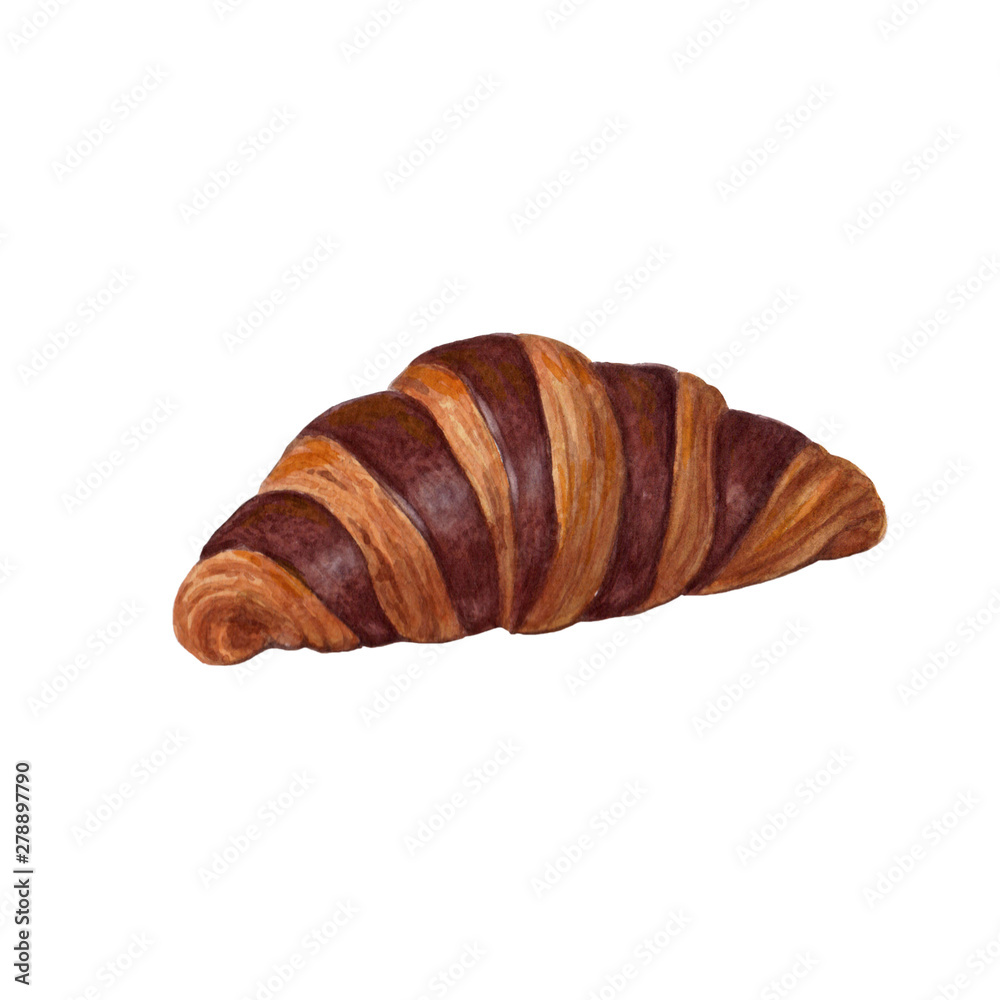 Set of beautiful sweets drawn by hand. Watercolor illustration. Croissant with chocolate icing, donuts with white icing and multicolored sprinkling. Set of beautiful sweets drawn by hand. Watercolor illustration. Croissant with chocolate icing, donuts with white icing and multicolored sprinkling.
