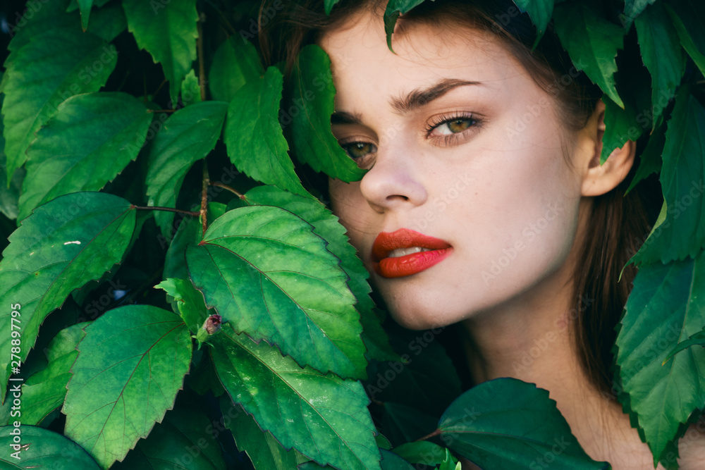 beautiful woman green leaves nature park beautiful woman green leaves nature park
