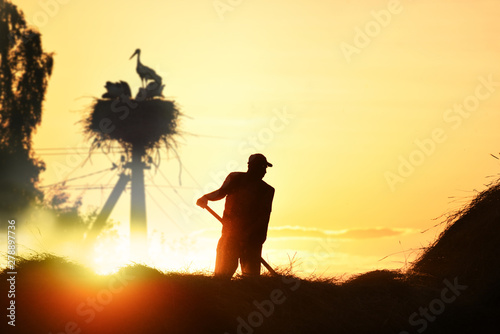 Dibrova village, Ukraine, June 29, 2019 Manual hay harvesting process. Silhouette of a man collecting hay with a pitchfork on the background of the setting sun.