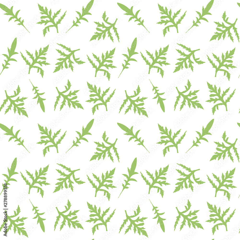 Seamless botanical vector pattern. Hand drawn doodle leaves twigs of poppy flower in green yellowish color palette on off-white background. Retro Scandinavian style. Wallpaper tapestry fabric print