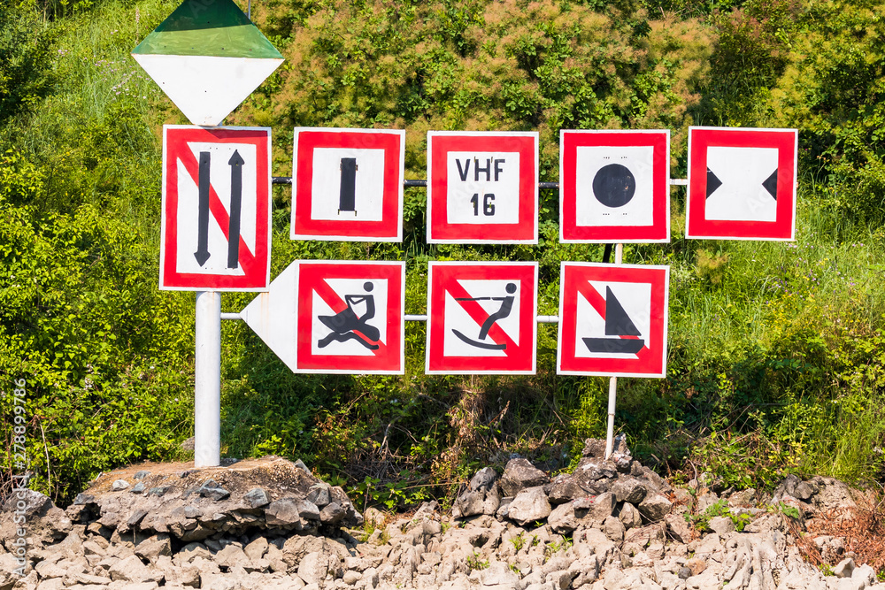 Guide Signs For Rivers Nautical signs that regulate some activities on water, respectively ...