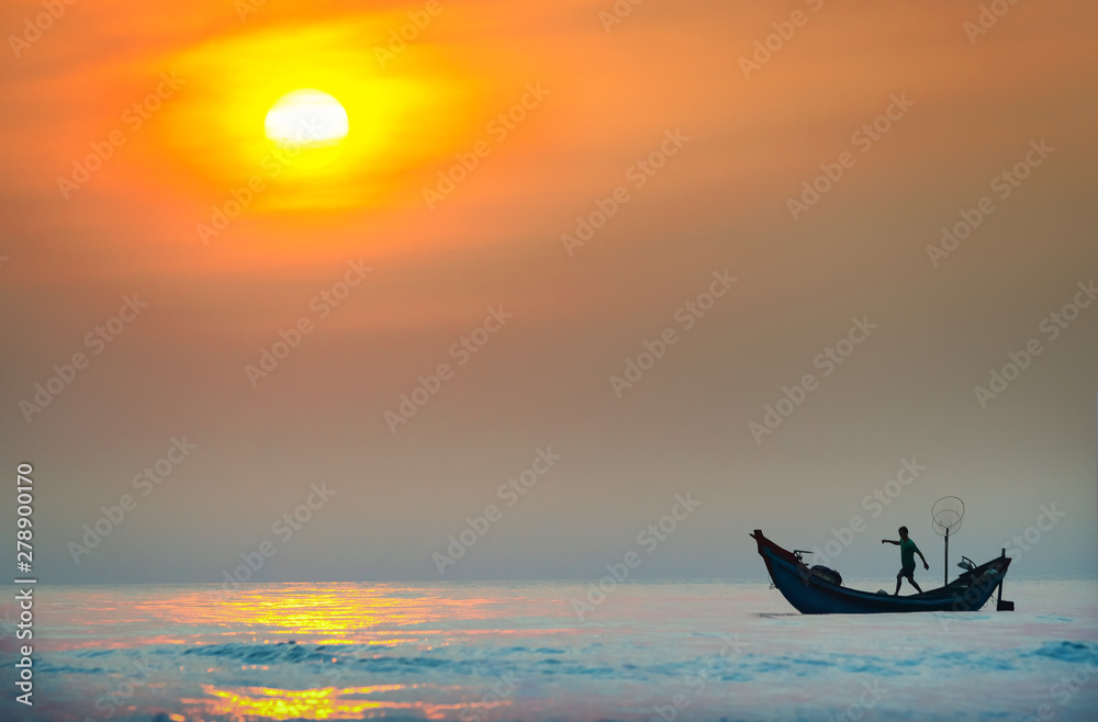 Fishermen out to sea fishing in the morning on the beautiful bays promise many fish collection cover economic livelihoods in Hue, Vietnam