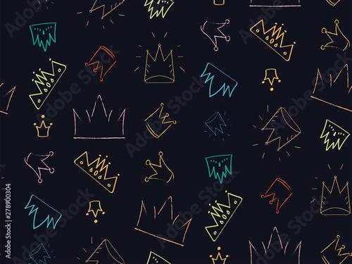Seamless pattern with rainbow colorful crowns. Hand drawn tiaras logo set isolated on black background. Doodle illustration in sketching style, pop art element, abstract fashion concept. Diadem icon.