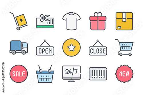 Shopping and E-commerce related color line icon set. Online store colorful linear icons. Shop and Store flat color outline vector sign collection.