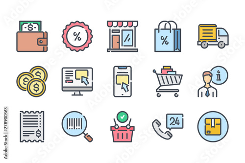 Ecommerce related color line icon set. Web store colorful linear icons. Online shopping flat color outline vector sign collection.