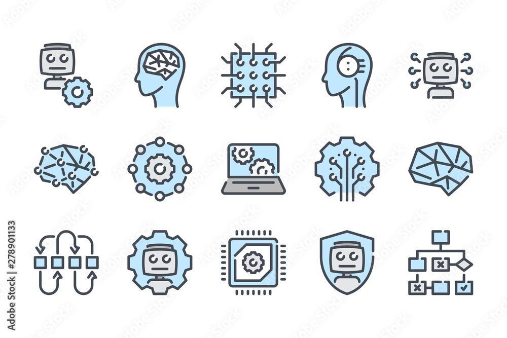 Artificial Intelligence related color line icon set. Machine learning ...