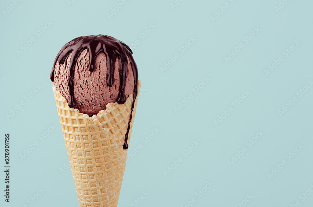 Brown Ice Cream In Waffle Cone With Chocolate Sauce On Soft Light Pastel Green Background Closeup Half Details Stock Photo Adobe Stock