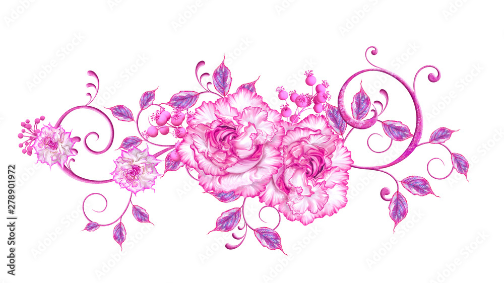 Flower arrangement of delicate pink roses, lilac leaves, openwork curls, vintage retro style. Isolated on white background.