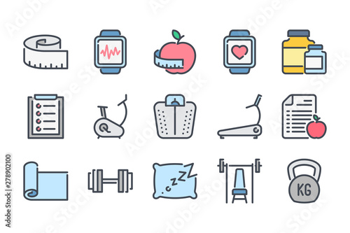 Fitness related color line icon set. Gym exercises colorful linear icons. Sport and training flat color outline vector sign collection.