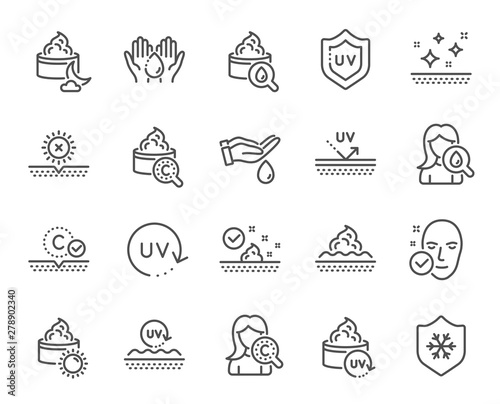 Skin care line icons. Collagen, Cream, Serum oil and Skincare. Face sun lotion gel, Uv protection, vitamin E icons. Night face skin care cream protection. Skincare cosmetic. Vector