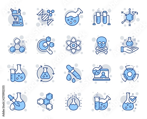 Chemistry lab line icons. Chemical formula, Microscope and Medical analysis. Laboratory test flask, reaction tube, chemistry lab icons. Microscopic research, toxic radiation. Vector