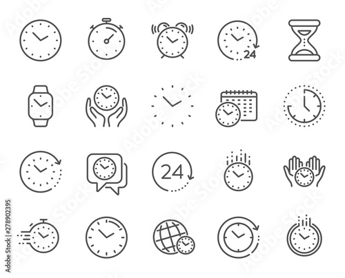 Time and clock line icons. Timer, Alarm and Smartwatch. Time management, 24 hour clock, deadline alarm icons. Sand hourglass, calendar and digital smartwatch, timer stopwatch. Vector