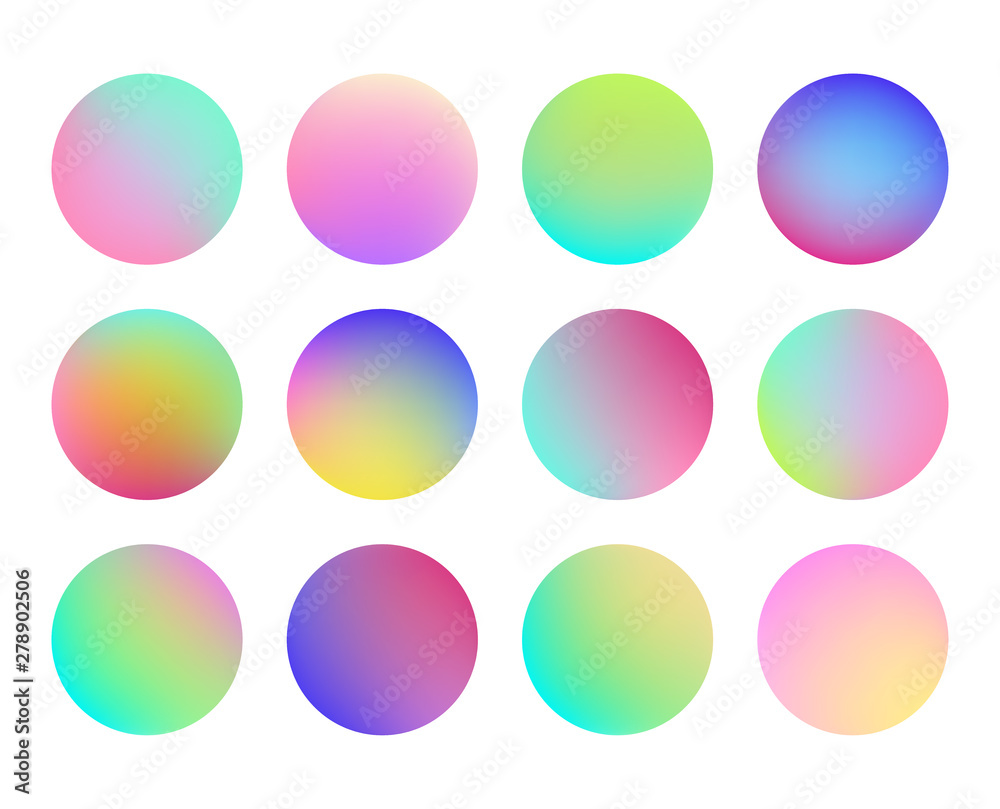 Holographic gradient sphere button. Multicolor fluid circle gradients, colorful soft round button. Vivid color spheres set. Flat vector