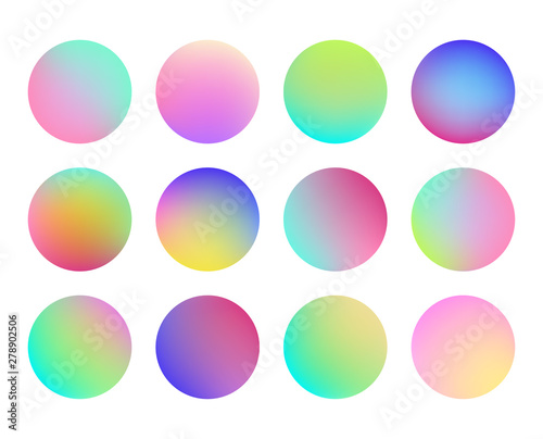Holographic gradient sphere button. Multicolor fluid circle gradients  colorful soft round button. Vivid color spheres set. Flat vector