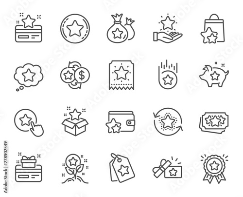 Loyalty program line icons. Bonus card, Redeem gift and discount coupon signs. Lottery ticket, Earn reward and winner gift icons. Shopping bag, loyalty card and lottery present. Vector