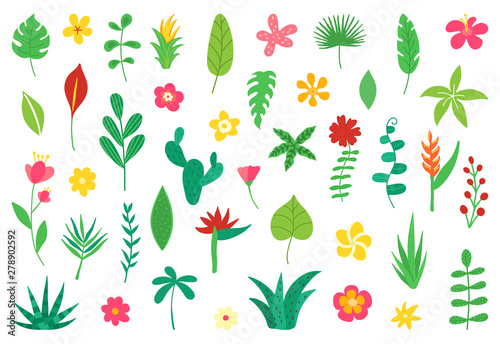 Wallpaper Mural Tropical flowers and leaves collection. Exotic elements for summer beach party. Floral design isolated on white background. Hawaiian bouquet for card, wedding, wallpaper, flyer. Vector illustration Torontodigital.ca