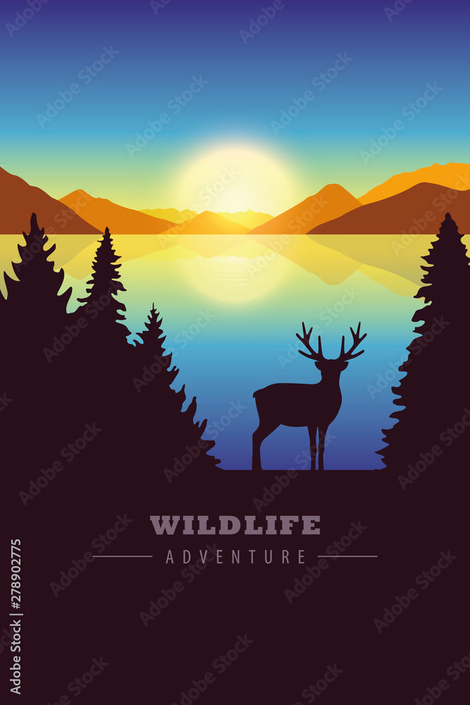 wildlife adventure elk in the wilderness by the lake at sunset vector illustration EPS10 wildlife adventure elk in the wilderness by the lake at sunset vector illustration EPS10
