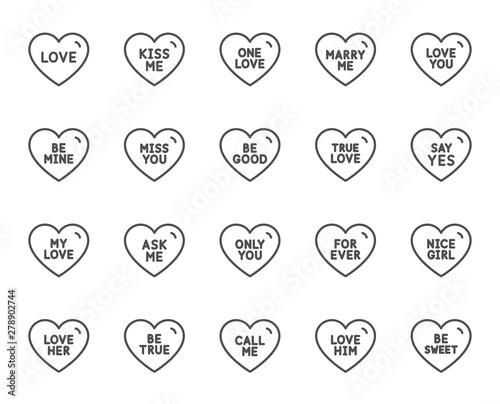 Sweet heart line icons. Sweetheart for valentines day, love heart, romantic message. Marry me, call me, one love icons. Valentine flirt, nice girl, be mine dating message. Vector