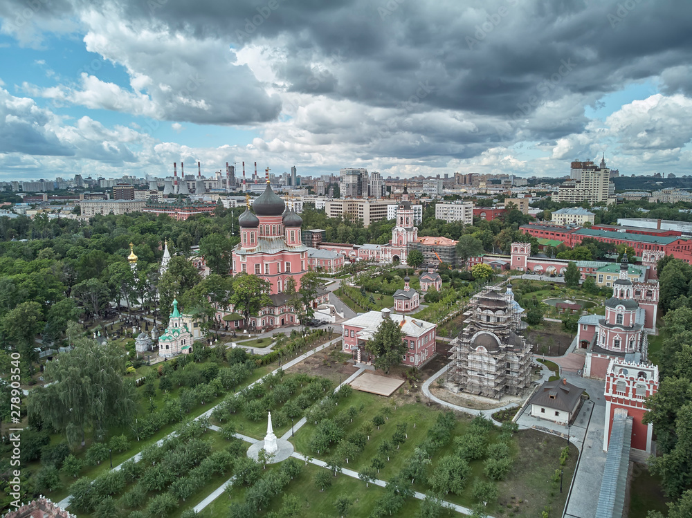Donskoy Monastery is a major monastery in Moscow. Orthodox Church. Moscow. Russia. Aerial drone view.