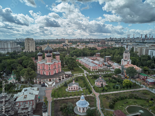 Donskoy Monastery is a major monastery in Moscow. Orthodox Church. Moscow. Russia. Aerial drone view.