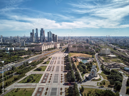 Victory monument. Victory Park on the Poklonnaya Gora the Poklonnay Hill. Cityscape aerial drone view.
