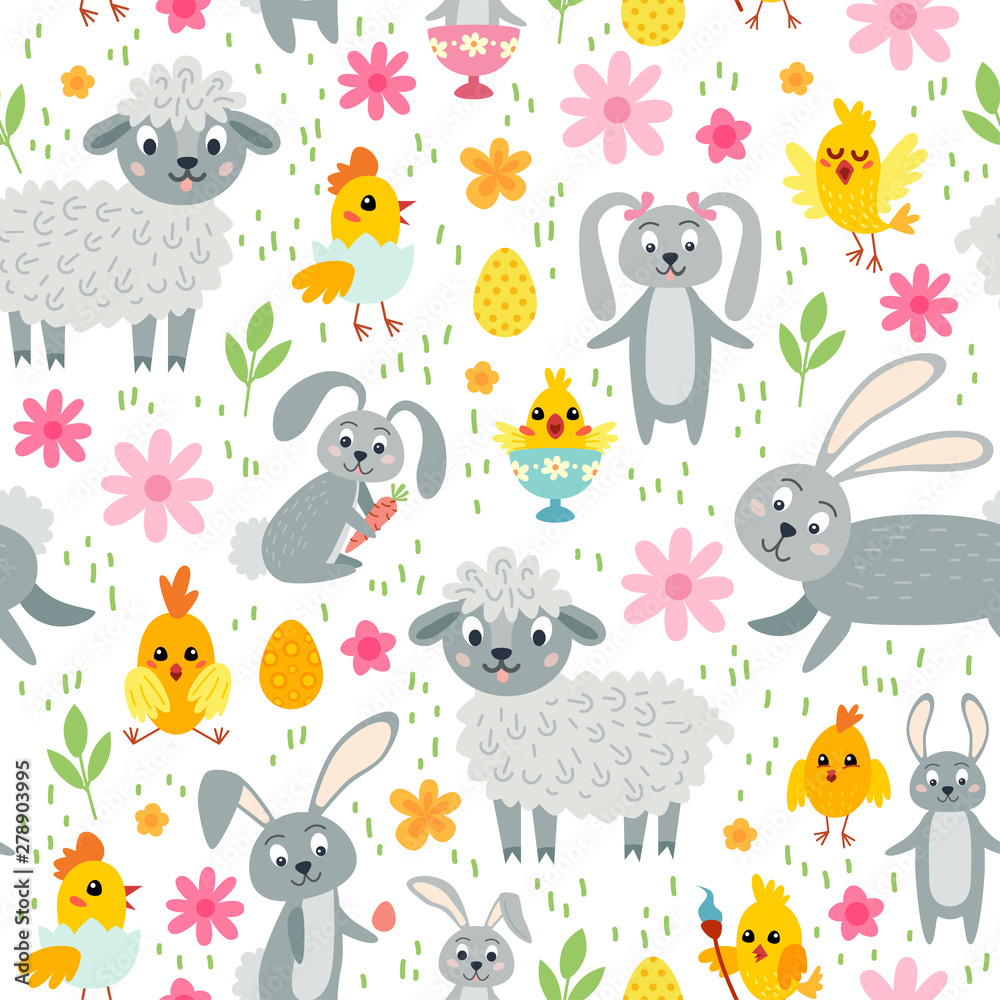 Fototapeta premium Easter seamless pattern. Holiday vintage background with cartoon Easter symbol.