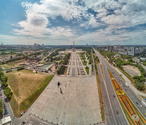 Victory monument. Victory Park on the Poklonnaya Gora the Poklonnay Hill. Cityscape aerial drone view.