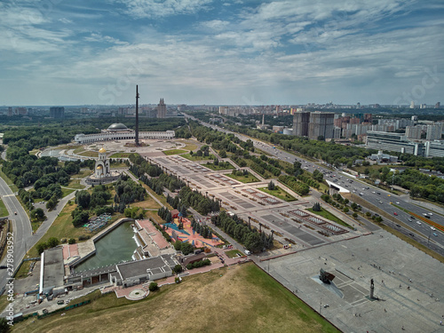 Victory monument. Victory Park on the Poklonnaya Gora the Poklonnay Hill. Cityscape aerial drone view.