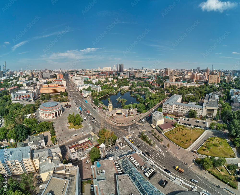 Naklejka premium Moscow zoo on barrikadnaya station. High aerial panoramic view from drone. Moscow, Russia. Summer